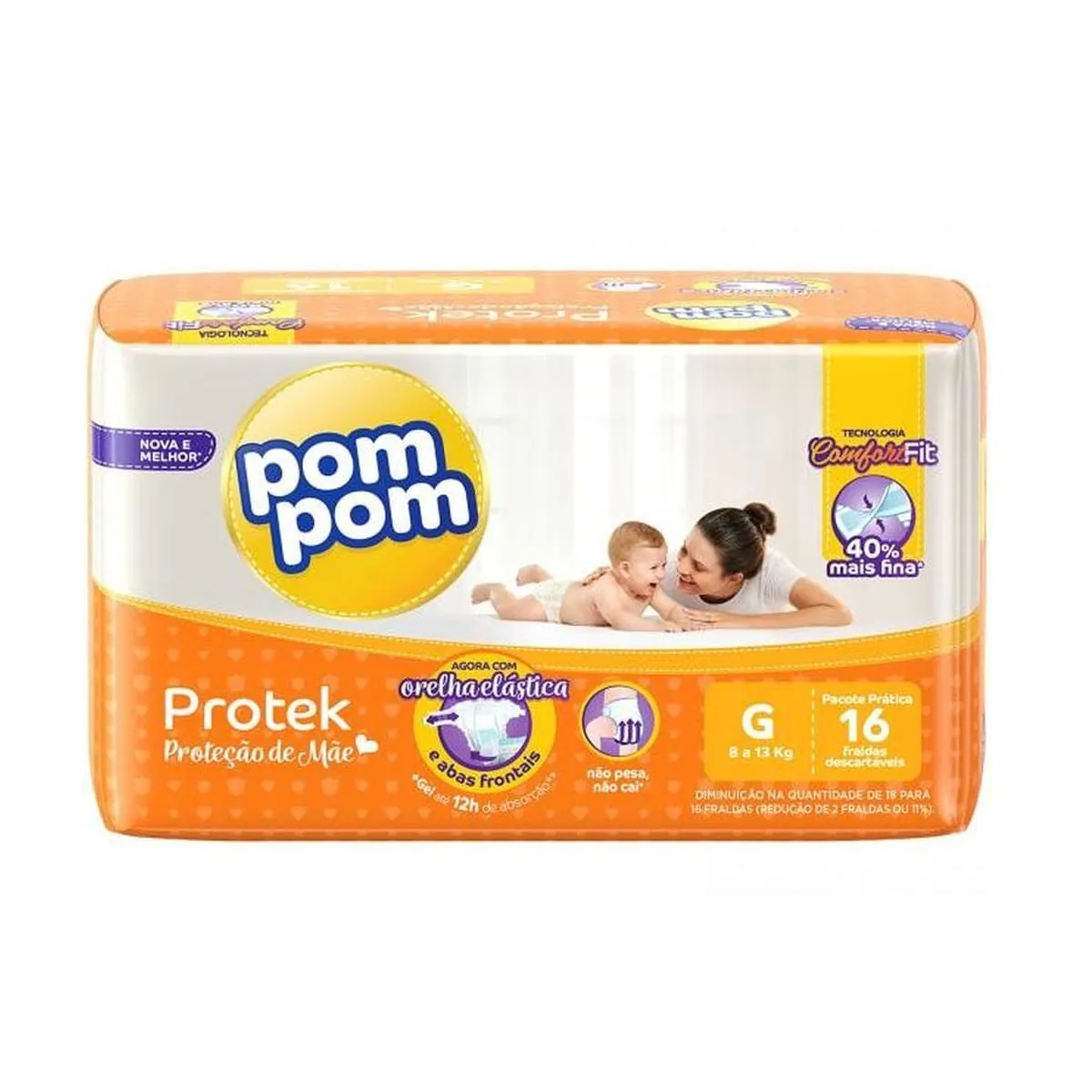 Fralda Descartável Infantil Pom Pom Protek Proteção De Mãe G Pacote 16 Unidades