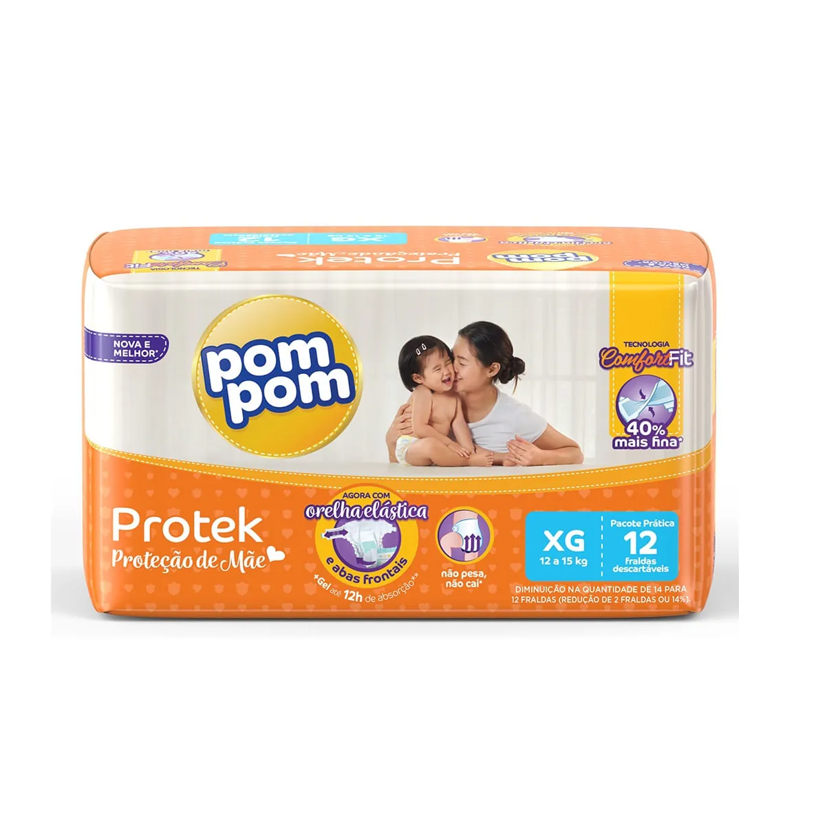 Fralda Descartável Infantil Pom Pom Protek Proteção De Mãe Xg Pacote 12 Unidades