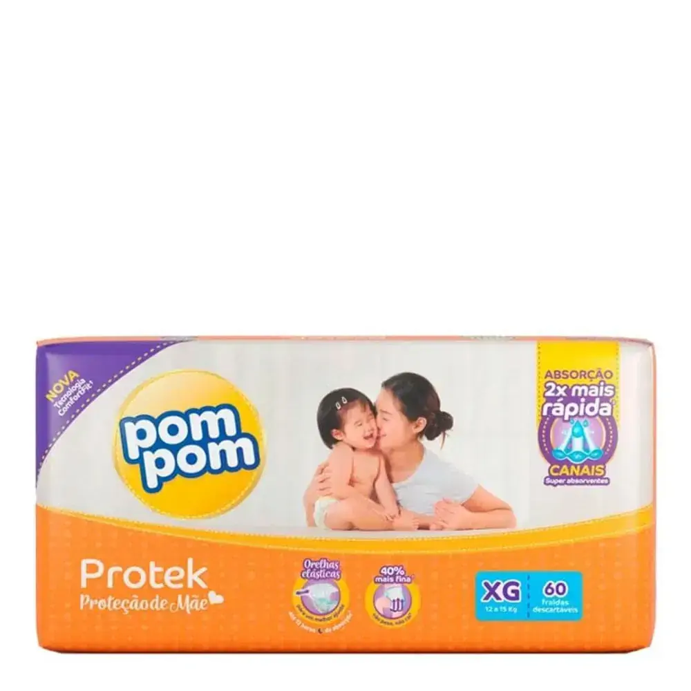 Fralda Descartável Infantil Pom Pom Protek Proteção De Mãe Xg Pacote 60 Unidades