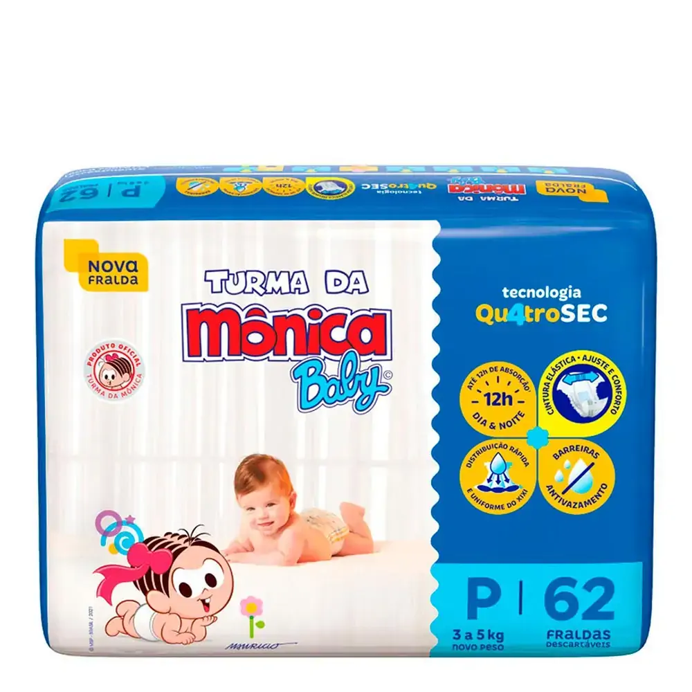 Fralda Descartável Turma Da Mônica Baby P Pacote 62 Unidades