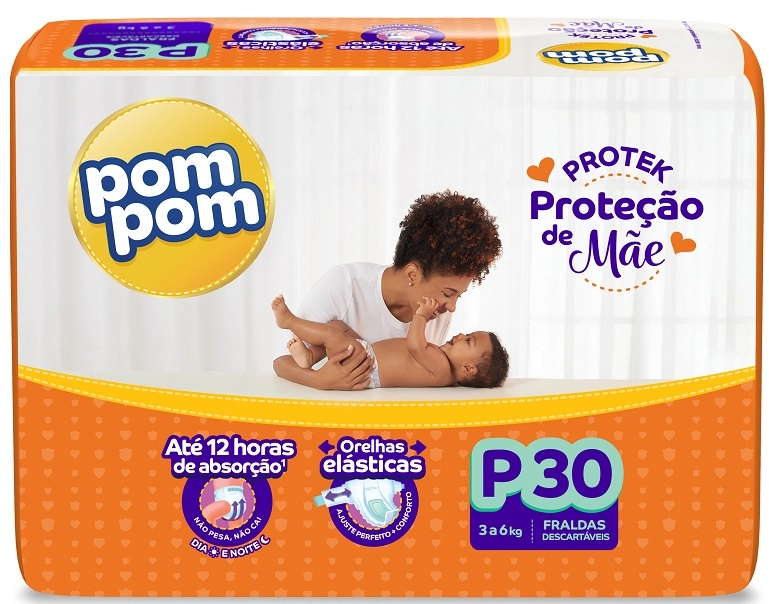 Fralda Descartável Infantil Pom Pom Protek Proteção De Mãe P Pacote 30 Unidades