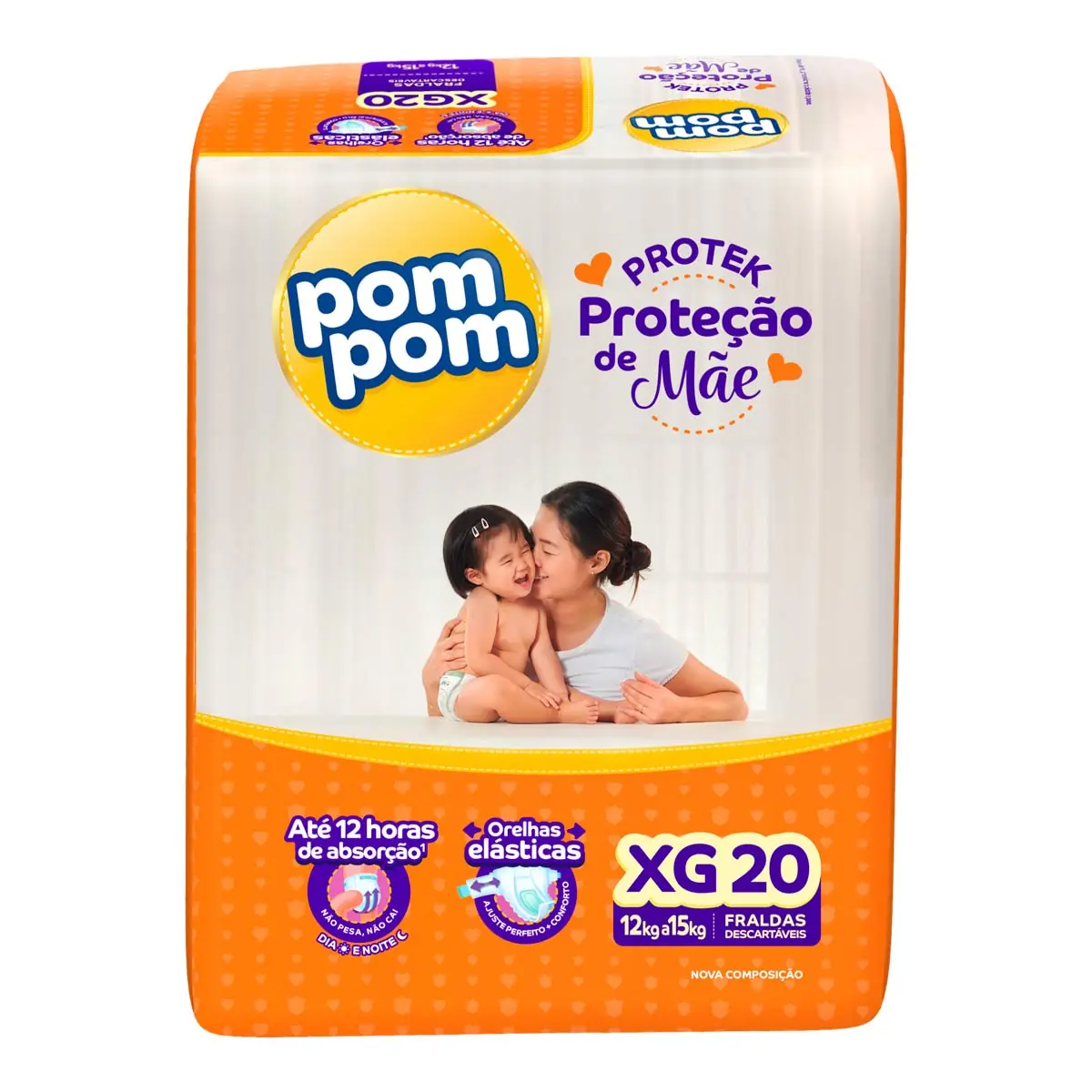 Fralda Descartável Infantil Pom Pom Protek Proteção De Mãe Xg Pacote 20 Unidades