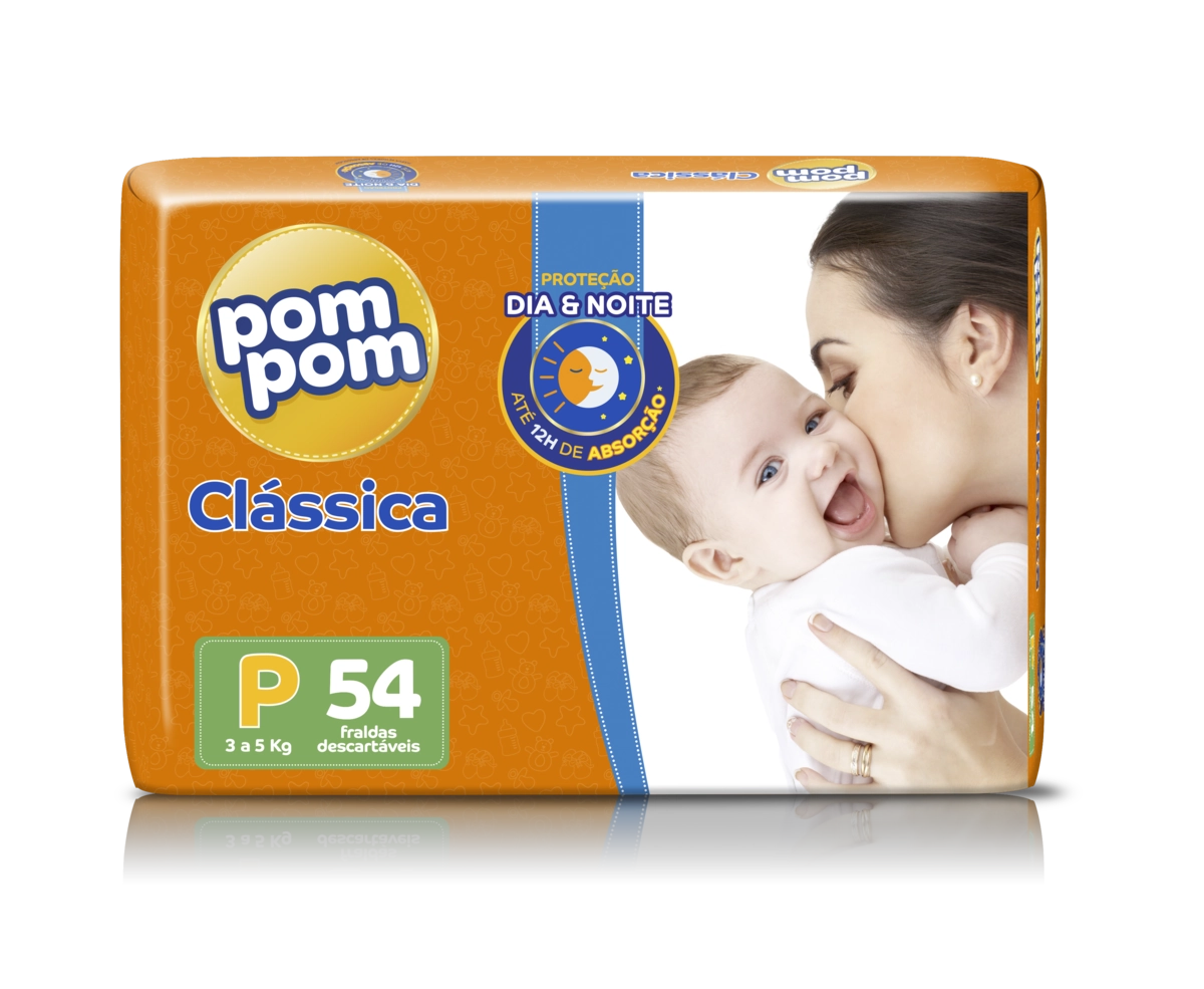 Fralda Descartável Infantil Pom Pom Clássica P Pacote 54 Unidades