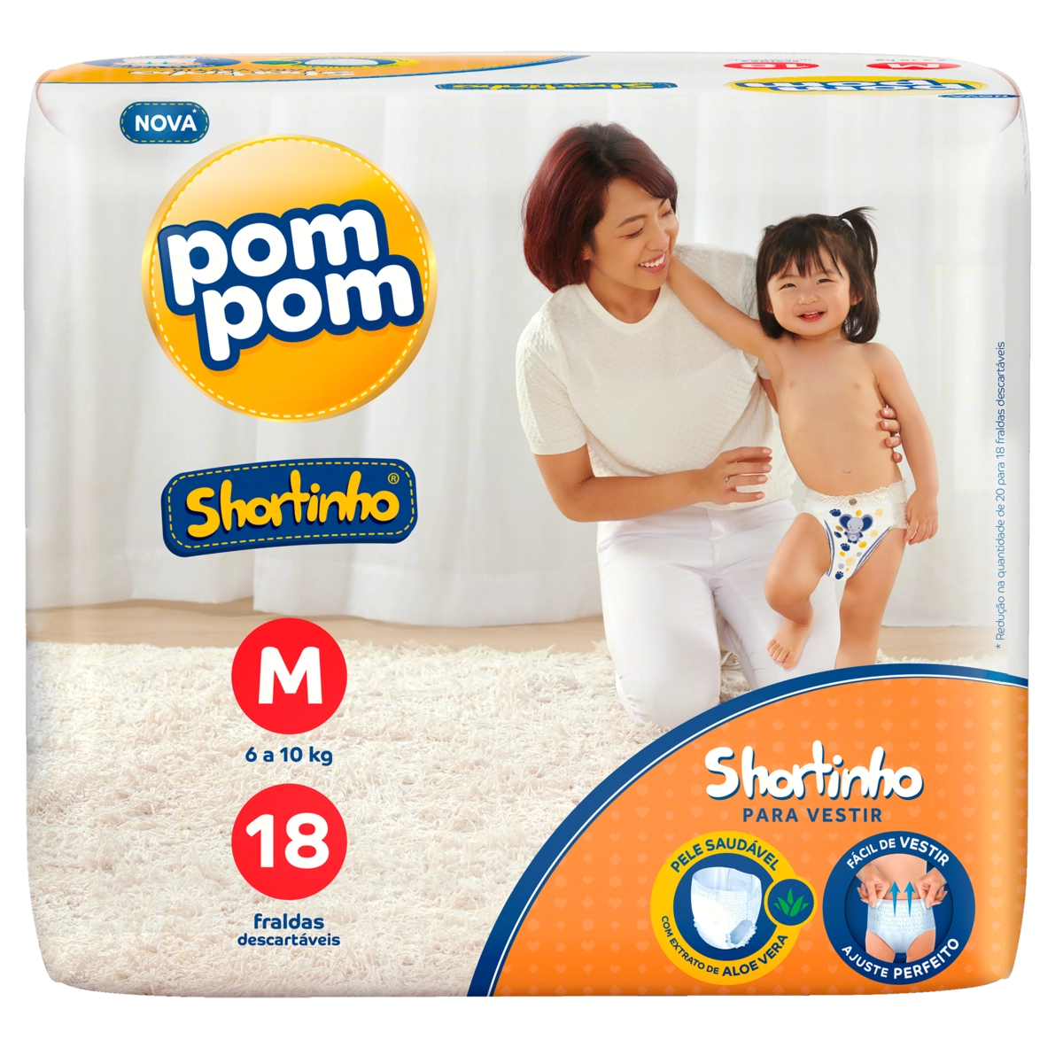 Fralda Descartável Infantil Shortinho Pom Pom M Pacote 18 Unidades