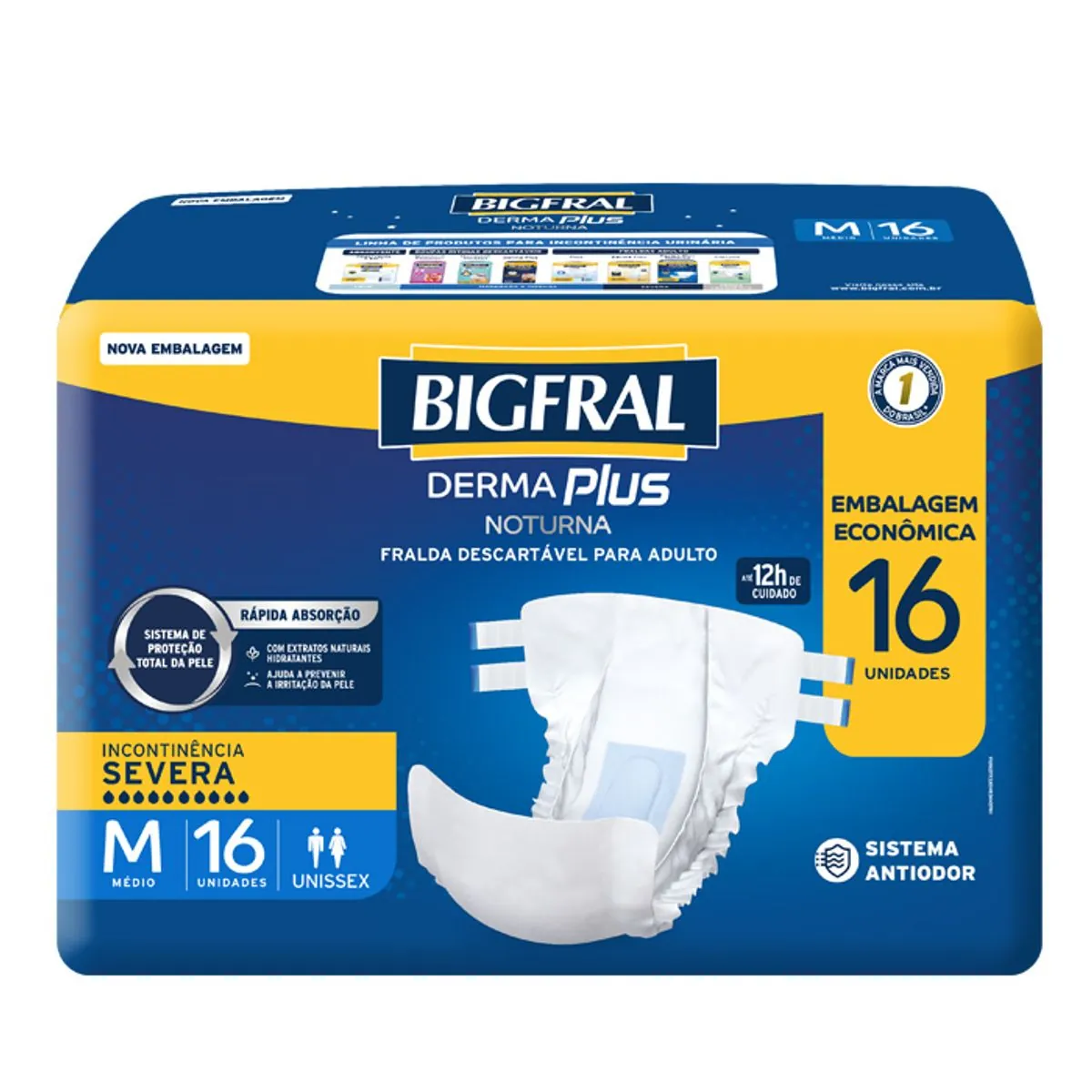 Fralda Descartável Adulto Bigfral Derma Plus Noturna M Pacote 16 Unidades Embalagem Econômica