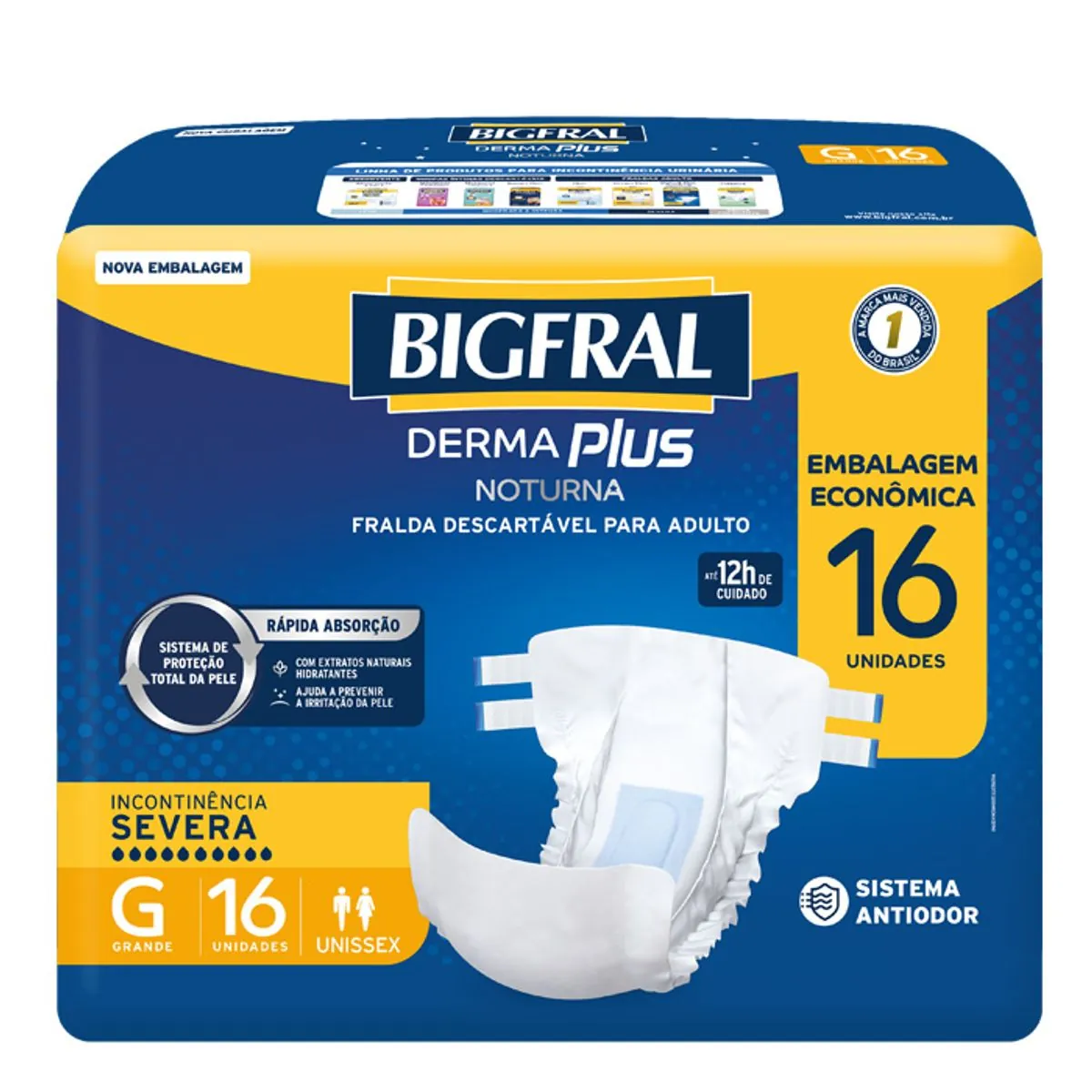 Fralda Descartável Adulto Bigfral Derma Plus Noturna G Pacote 16 Unidades Embalagem Econômica
