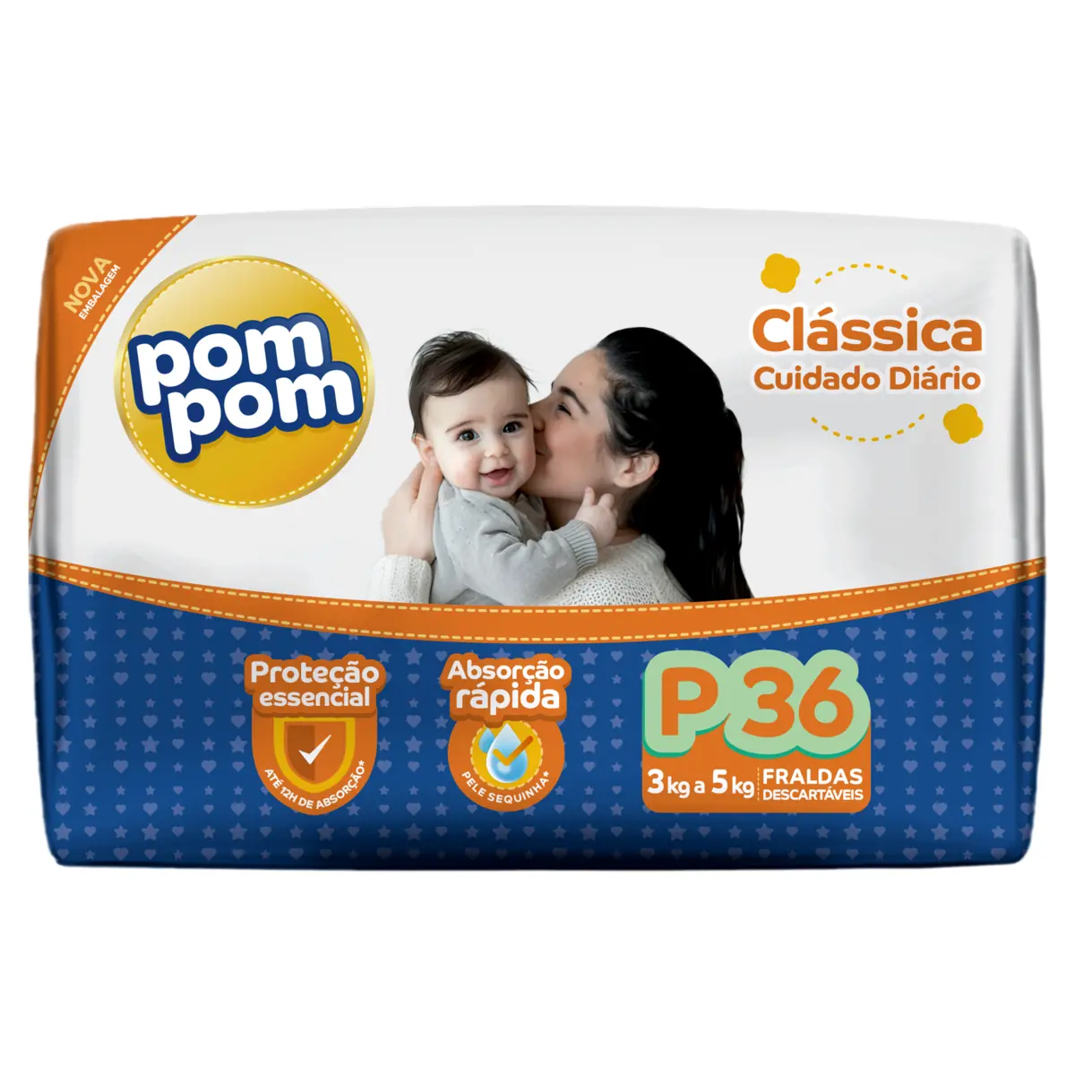 Fralda Descartável Infantil Pom Pom Clássica P Pacote 36 Unidades