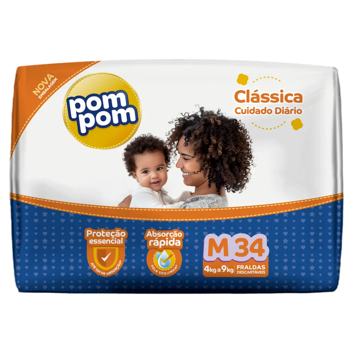 Fralda Descartável Infantil Pom Pom Clássica M Pacote 34 Unidades