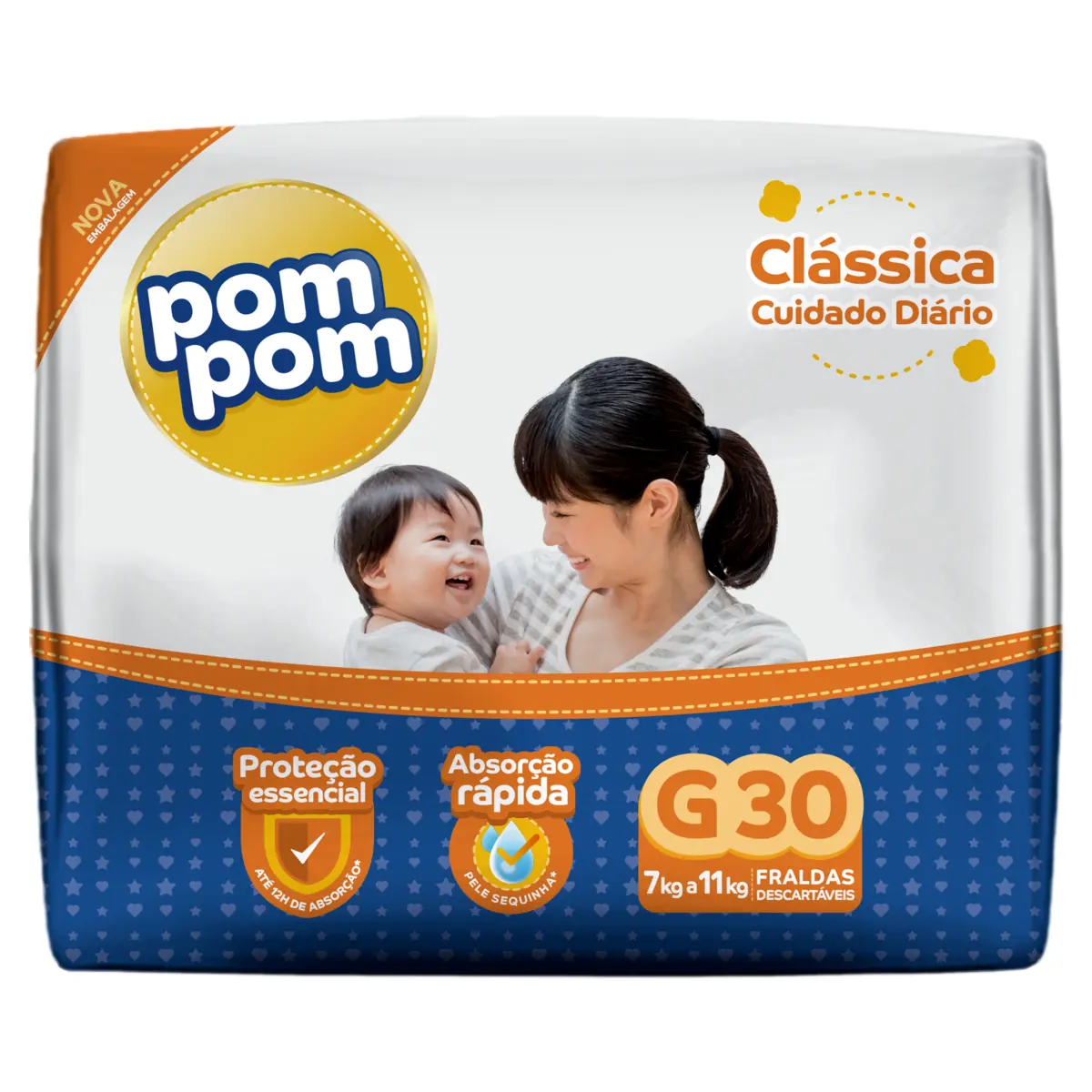 Fralda Descartável Infantil Pom Pom Clássica G Pacote 30 Unidades