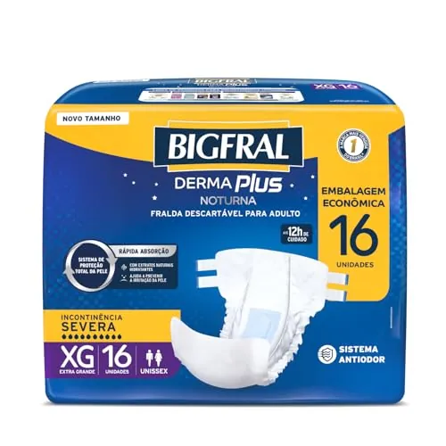 Fralda Descartável Adulto Bigfral Derma Plus Noturna Xg Pacote 16 Unidades Embalagem Econômica