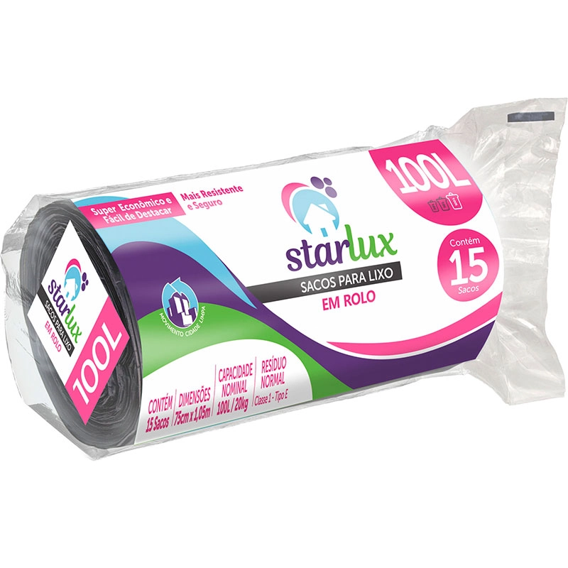 Saco Lixo Starlux Rolo 100lt C/ 15