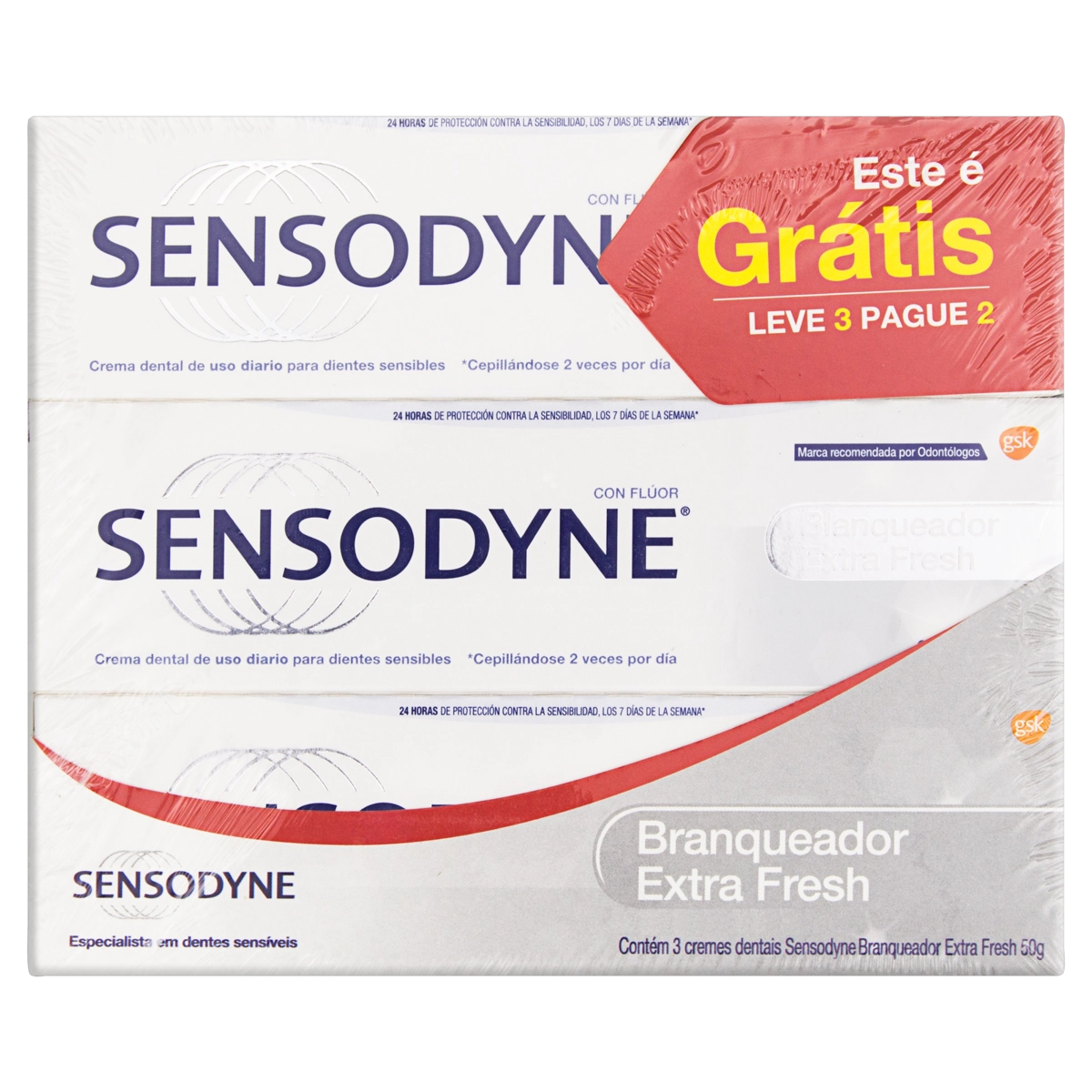 Pack Creme Dental Branqueador Extra Fresh Sensodyne Caixa 50g Cada Leve 3 Pague 2 Unidades