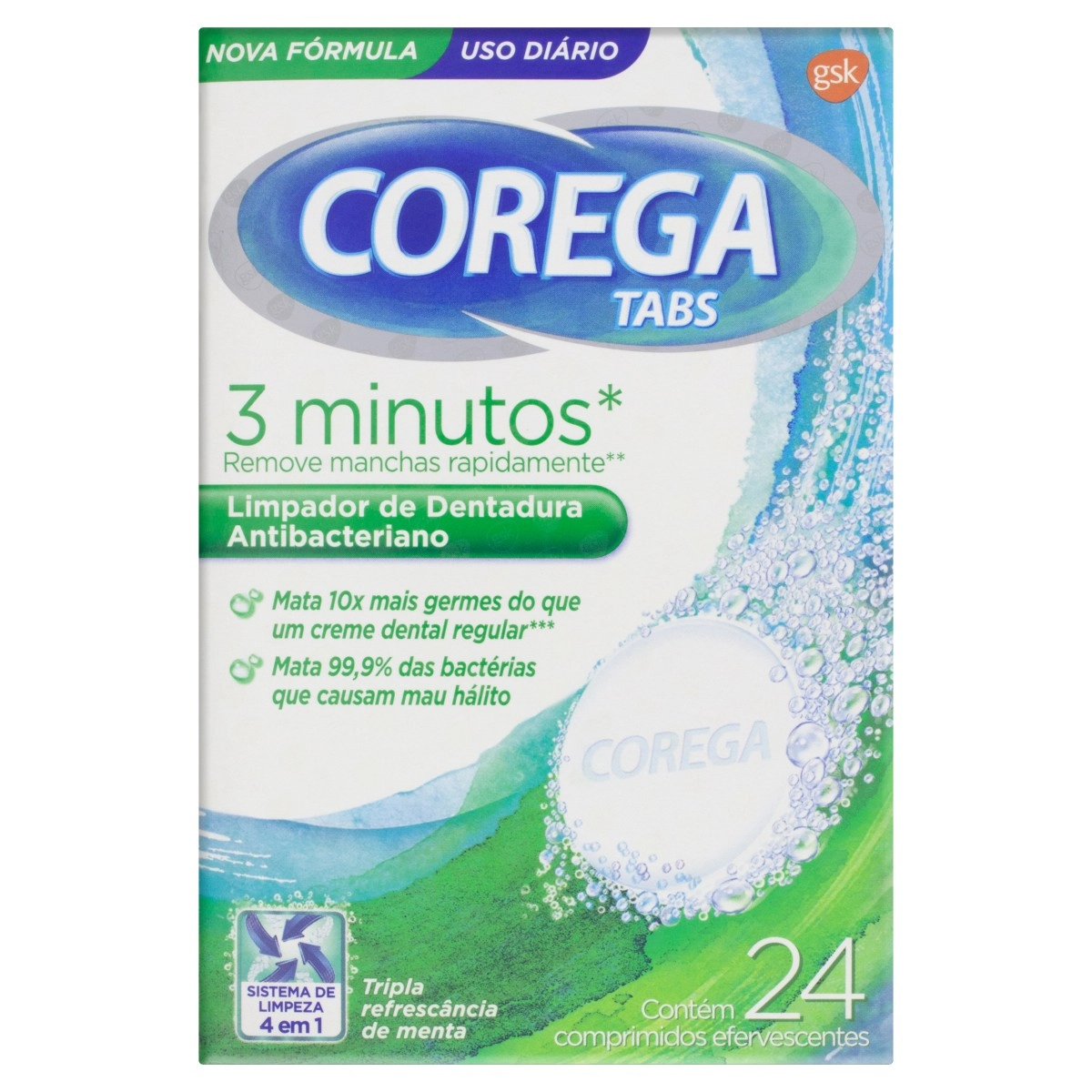 Corega Tabs Limpador de Dentadura Antibacteriano 3min 24un