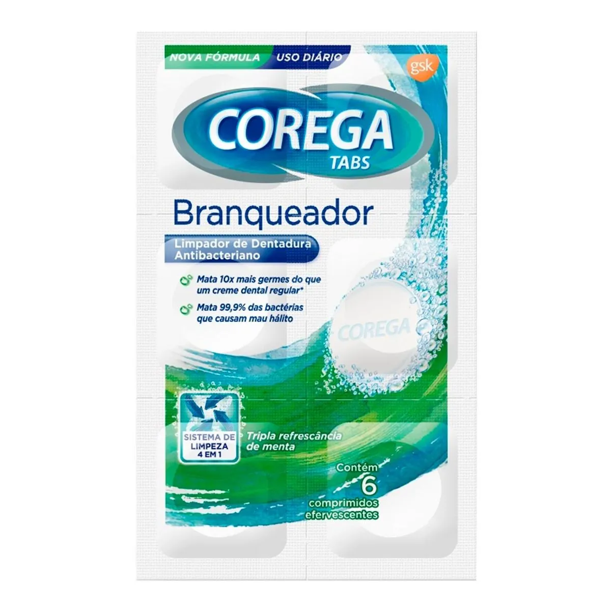 Limpador De Dentadura Branqueador Menta Corega Tabs Caixa 10 Cartelas Com 6 Comprimidos Efervescente