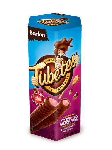 Rolinhos De Wafer Recheio Creme De Morango Cobertura Chocolate Ao Leite Barion Tubetes Caixa 50g