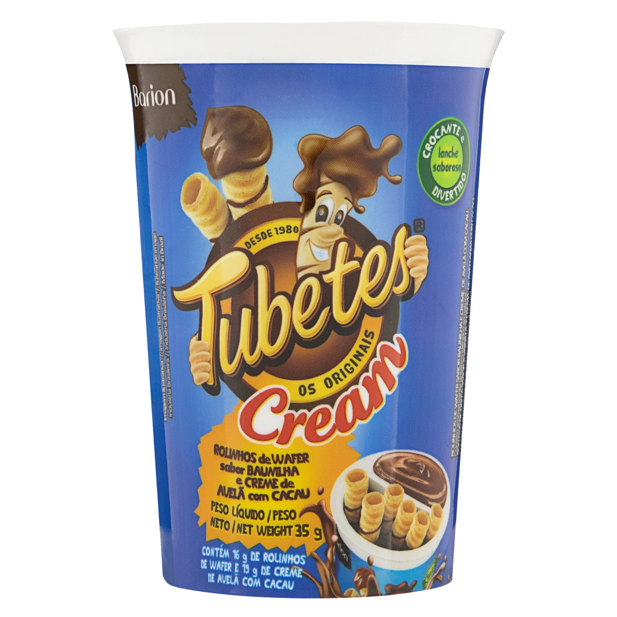 Rolinhos De Wafer Baunilha E Creme De Avelã Com Cacau Barion Tubetes Cream Pote 35g