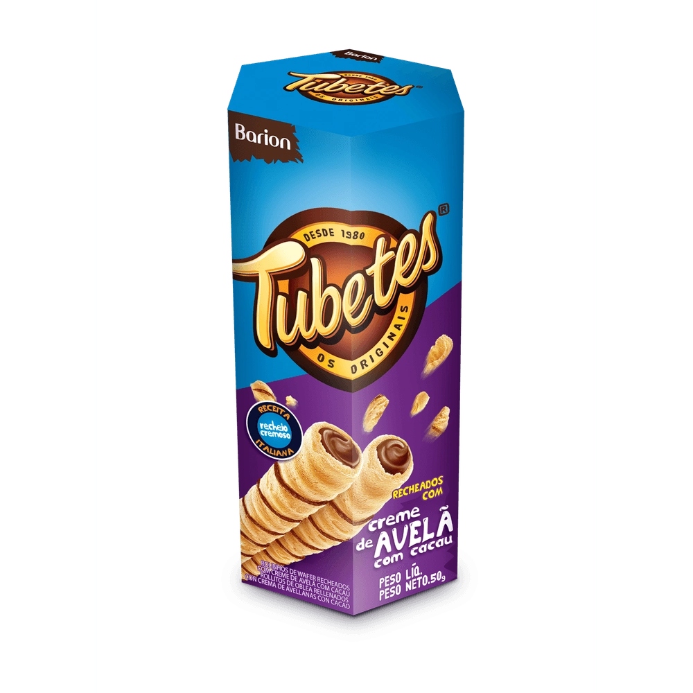 Rolinhos De Wafer Recheio Creme De Avelã Com Cacau Barion Tubetes Caixa 50g