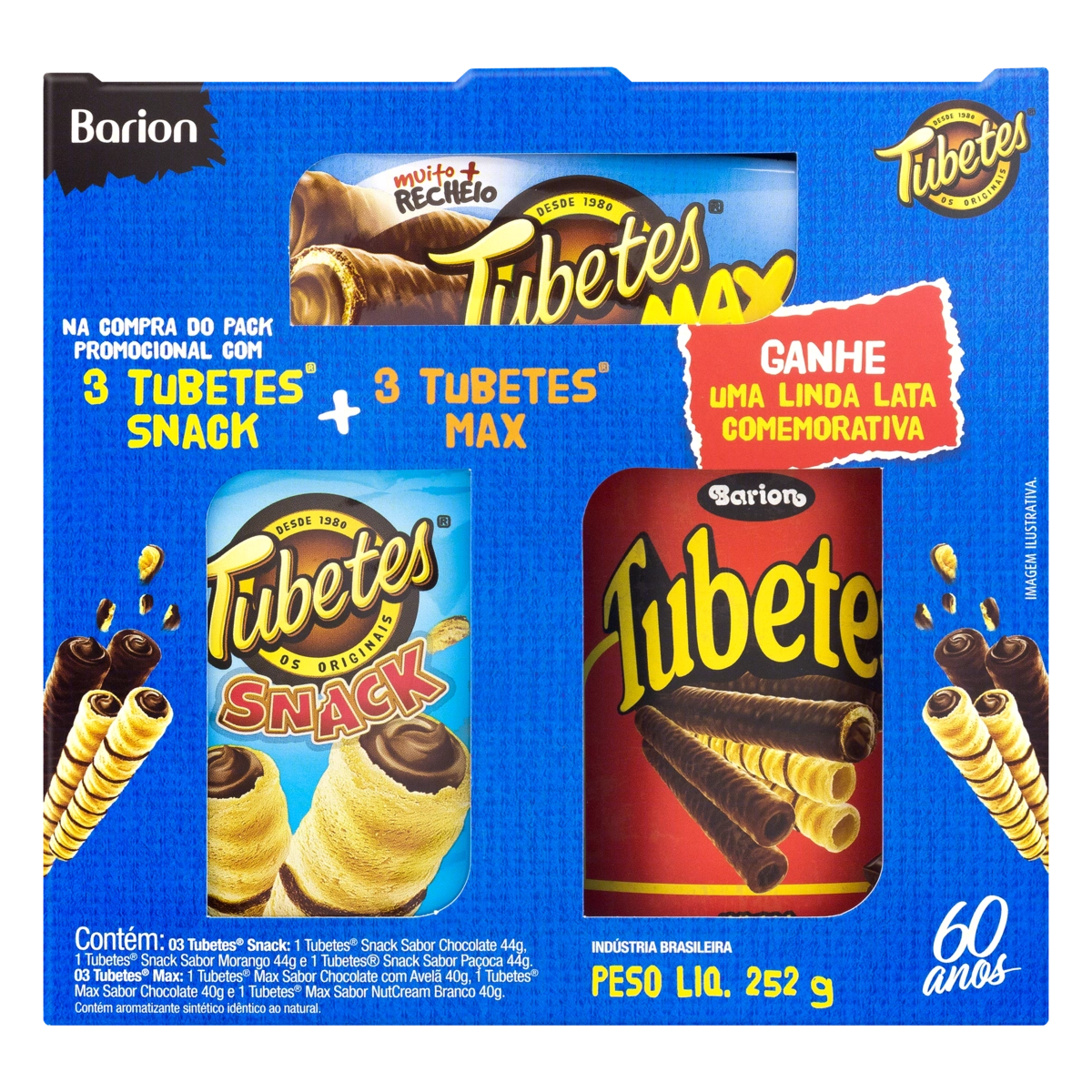 Kit Rolinhos De Wafer Barion Tubetes Snack Max 252g Grátis Lata Comemorativa Edição Especial 60 Anos