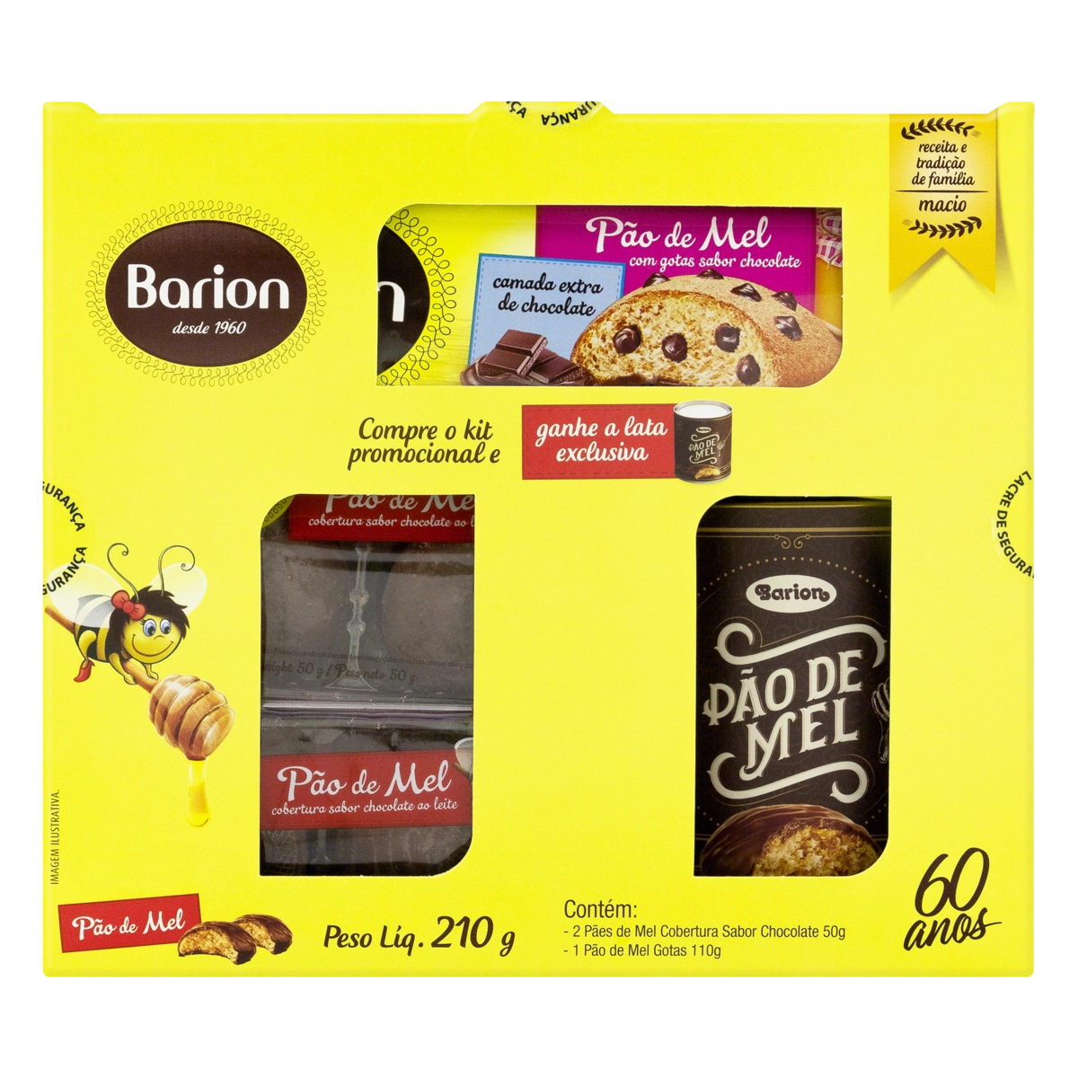 Kit 1 Pão De Mel Gotas De Chocolate 2 Cobertura Chocolate Ao Leite Barion 210g Grátis Lata Exclusiva