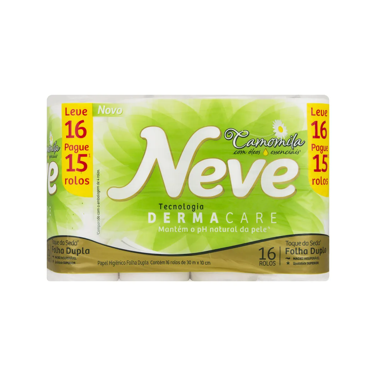 Papel Higiênico Folha Dupla Camomila Neve Toque Da Seda 30m Pacote Leve 16 Pague 15 Unidades