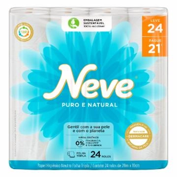 Papel Higiênico Folha Tripla Puro e Natural Neutro Neve 20m Pacote Leve 24 Pague 21 Unidades