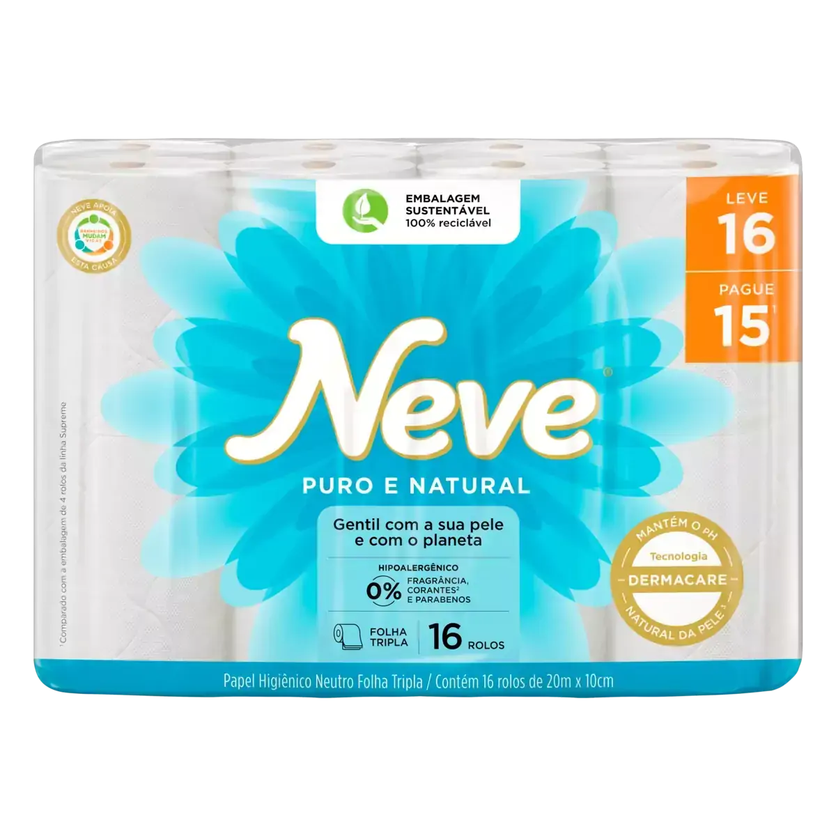 Papel Higiênico Folha Tripla Puro e Natural Neutro Neve 20m Pacote Leve 16 Pague 15 Unidades