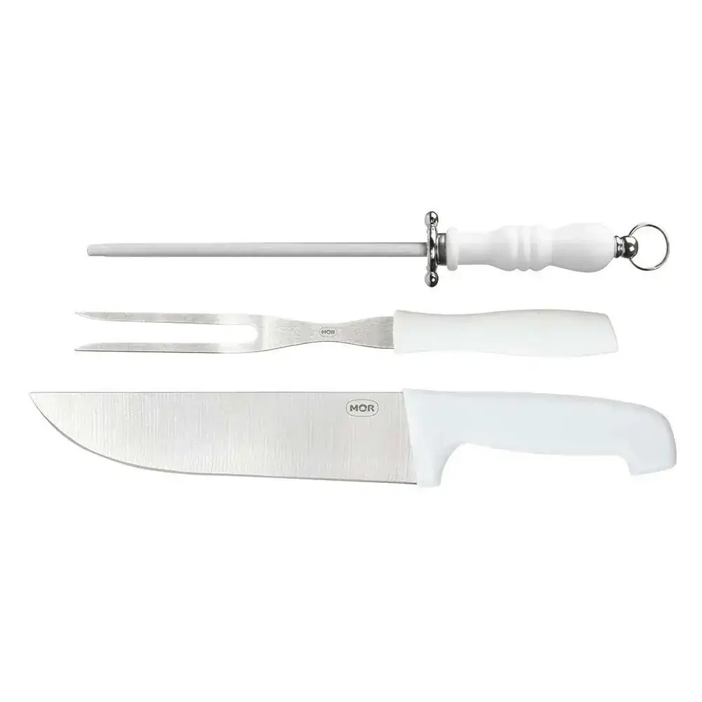 Kit Churrasco Assador Mor 3310 Inox e Cabo Branco 3 Peças com Faca 9 Polegadas Garfo e Chaira
