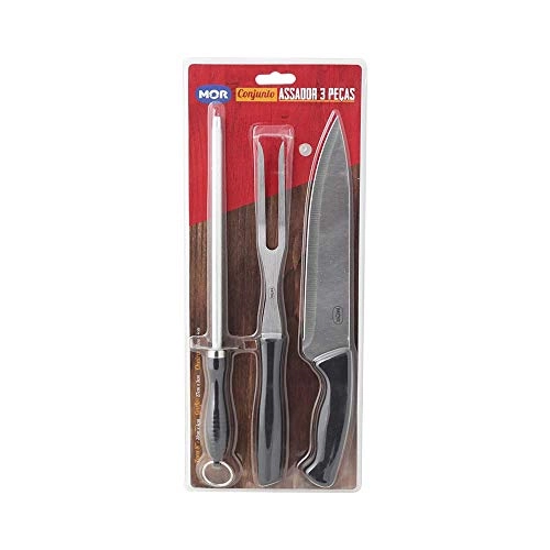 Conjunto do Assador Mor Inox Cabo Preto 3 Peças Faca, Garfo e Chaira