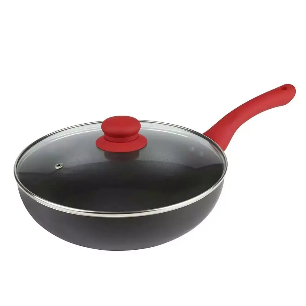 Panela Wok Mor Aroma 24 cm Preta com Tampa de Vidro e Cabo Vermelho