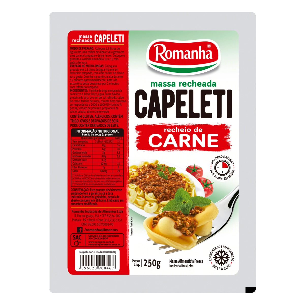 Capeletti Recheio Carne Romanha Bandeja 400g
