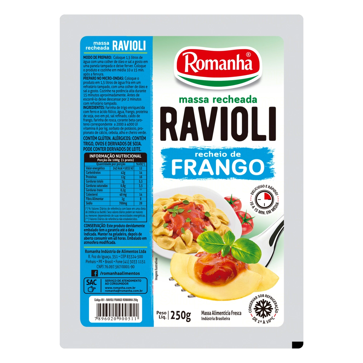 Ravióli Recheio Frango Romanha Bandeja 250g