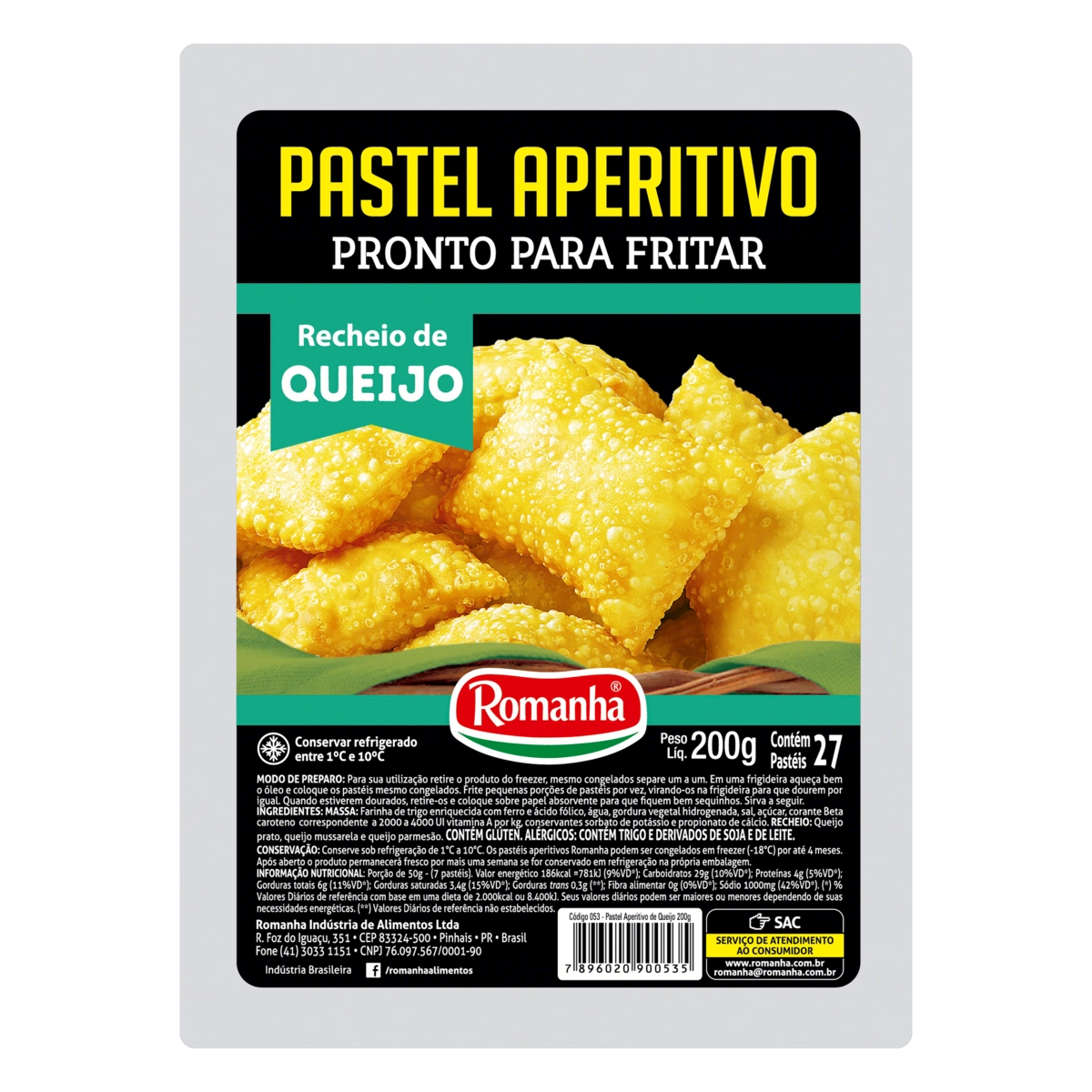 Pastel Aperitivo Recheio Queijo Romanha Bandeja 200g 27 Unidades