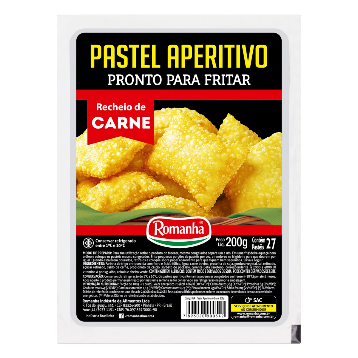 Pastel Aperitivo Recheio Carne Romanha Bandeja 200g 27 Unidades