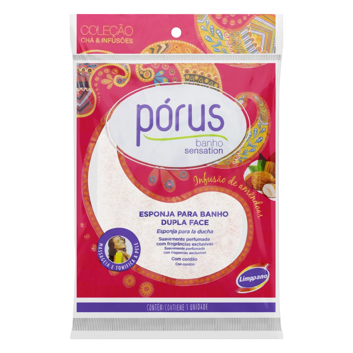 Esponja Para Banho Dupla Face Com Cordão Infusão De Amêndoas Pórus Sensation