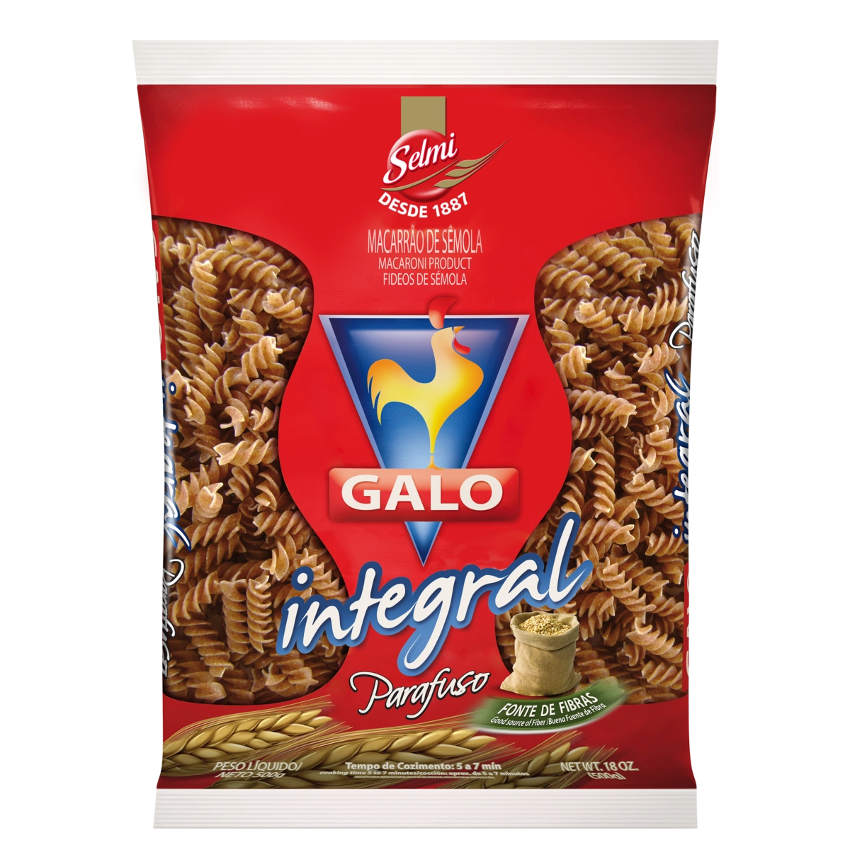 Macarrão De Sêmola Integral Parafuso Galo Pacote 500g