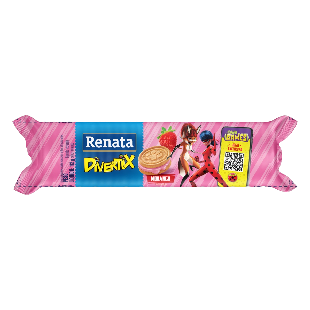 Biscoito Recheio Morango Miraculous Renata Divertix Pacote 112g
