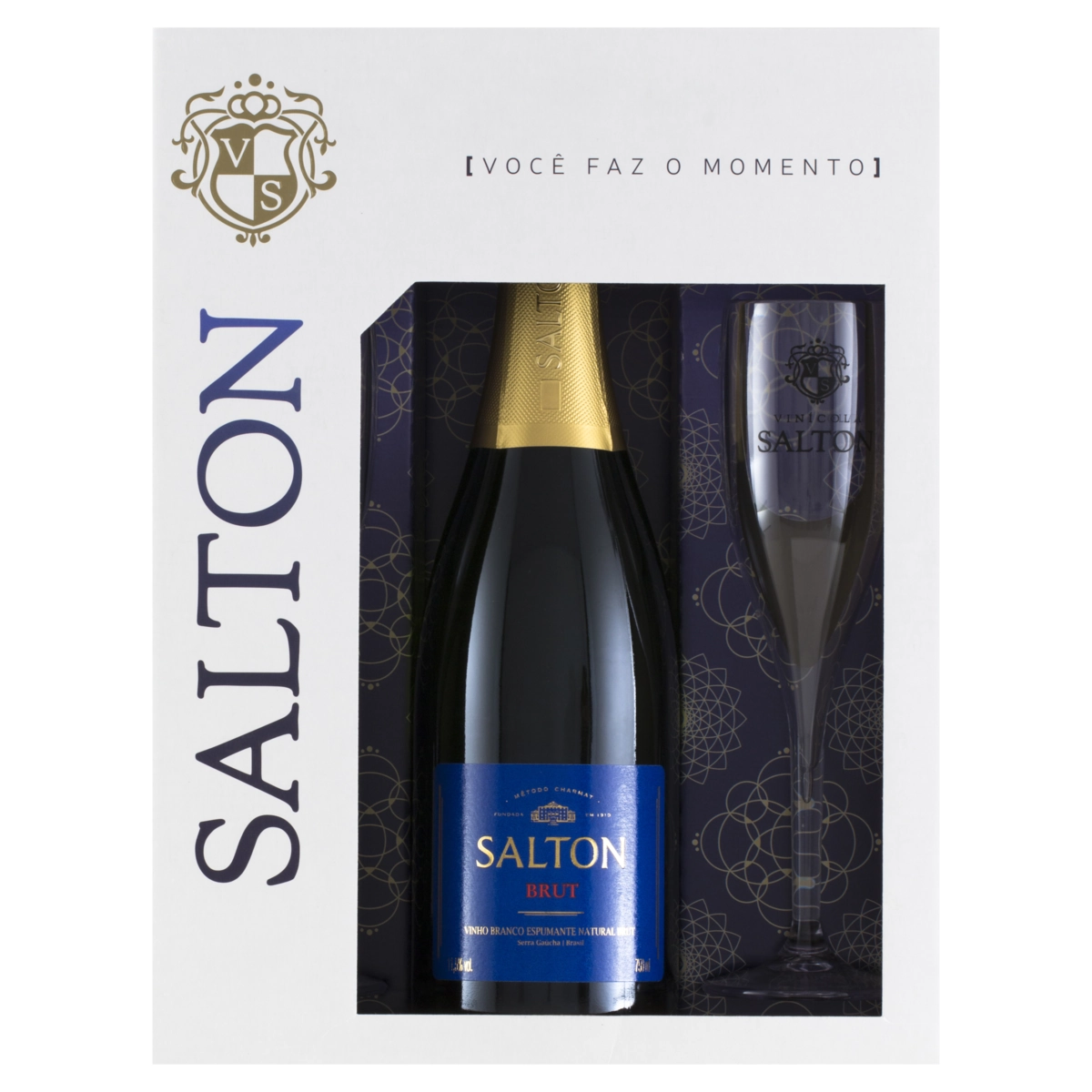Kit 2 Taças 1 Espumante Brasileiro Branco Brut Salton Prosecco Chardonnay Trebbiano Serra Gaúcha 750