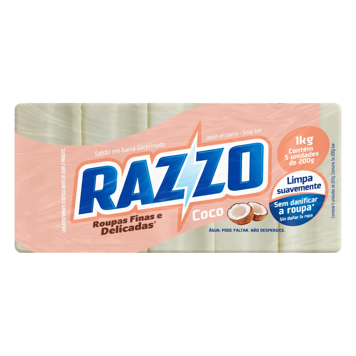 Sabão Barra Glicerinado Coco Razzo Pacote 1kg 5 Unidades