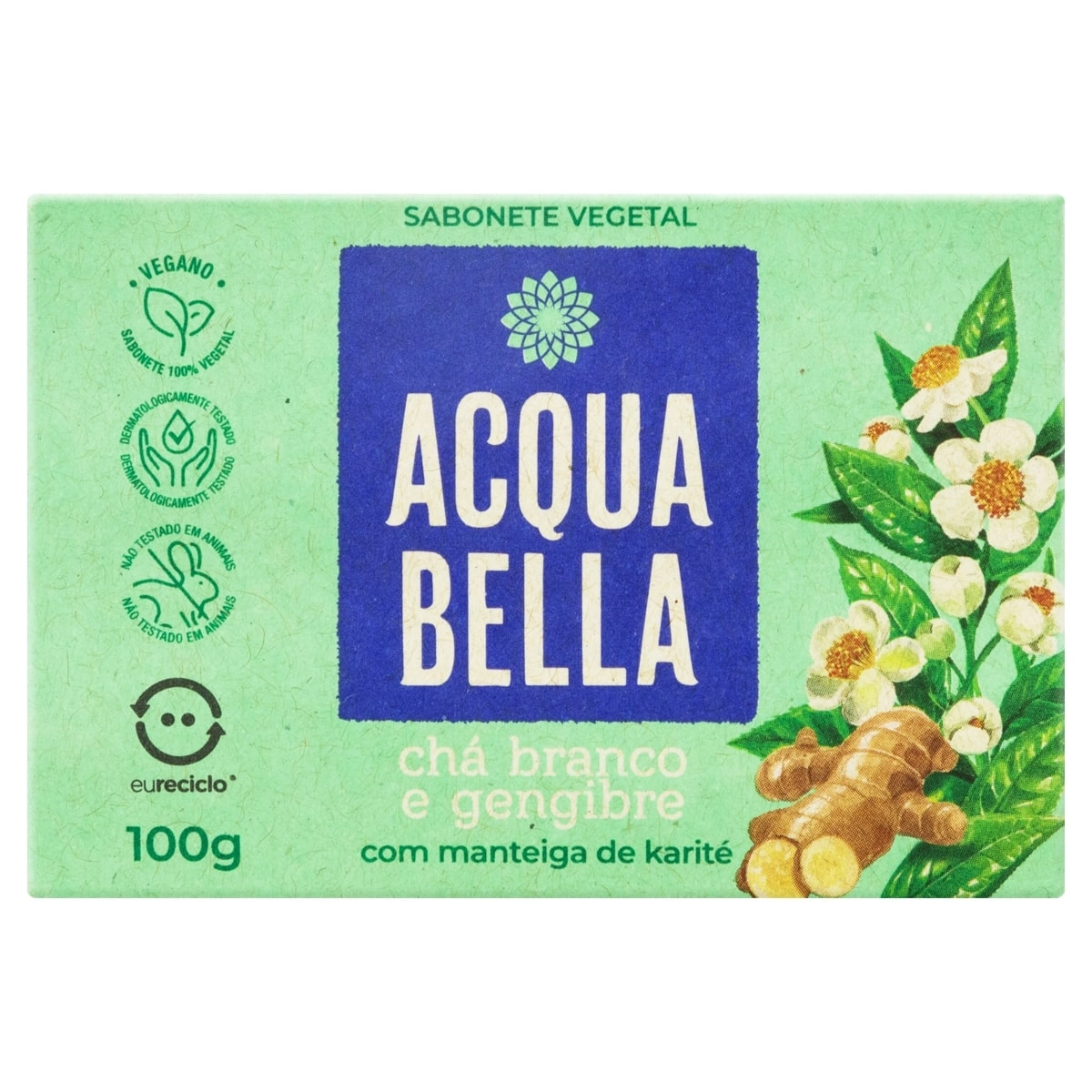 Sabonete Barra Vegetal Chá Branco E Gengibre Acqua Bella Caixa 100g