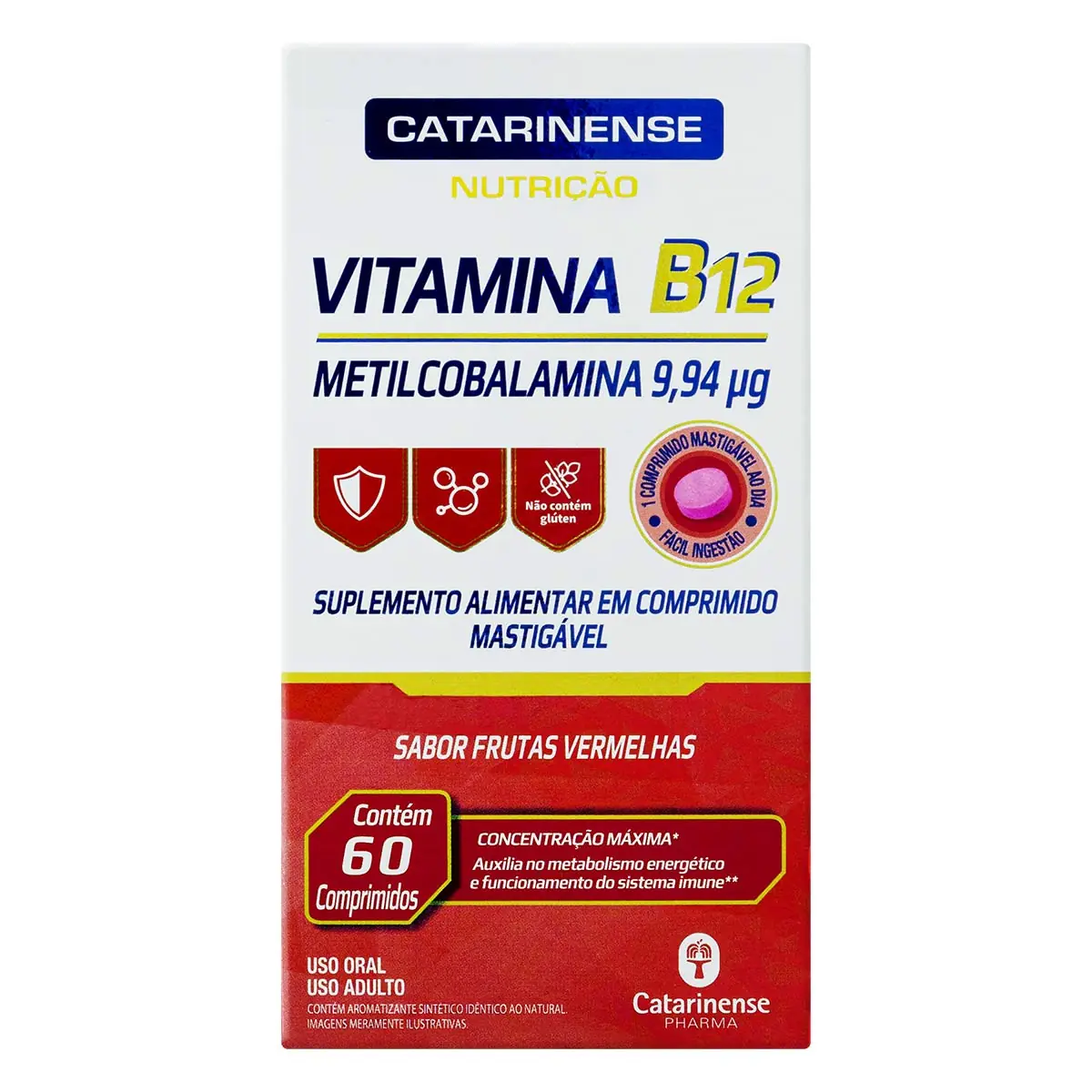 Vitamina B12 9,94μg Frutas Vermelhas Catarinense Nutrição Caixa 60 Comprimidos Mastigáveis