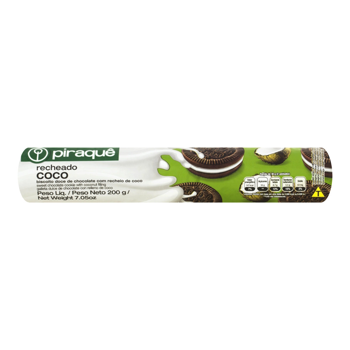 Biscoito Chocolate Recheio Coco Piraquê Pacote 200g