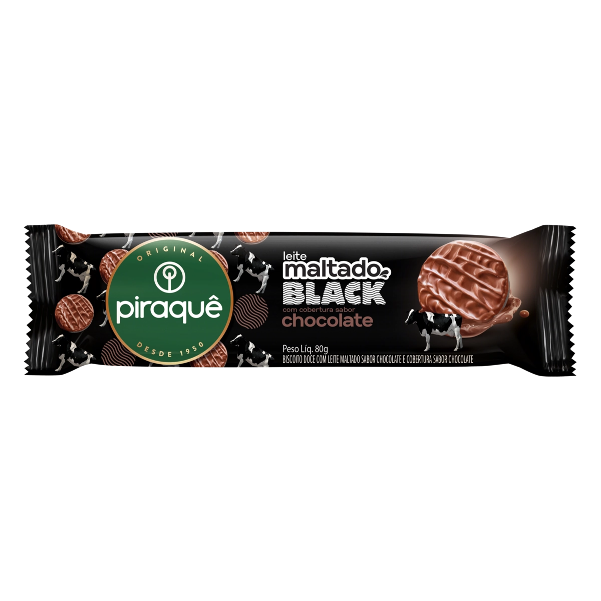 Biscoito PIRAQUE Leite Maltado Black com Cobertura de Chocolate 80g
