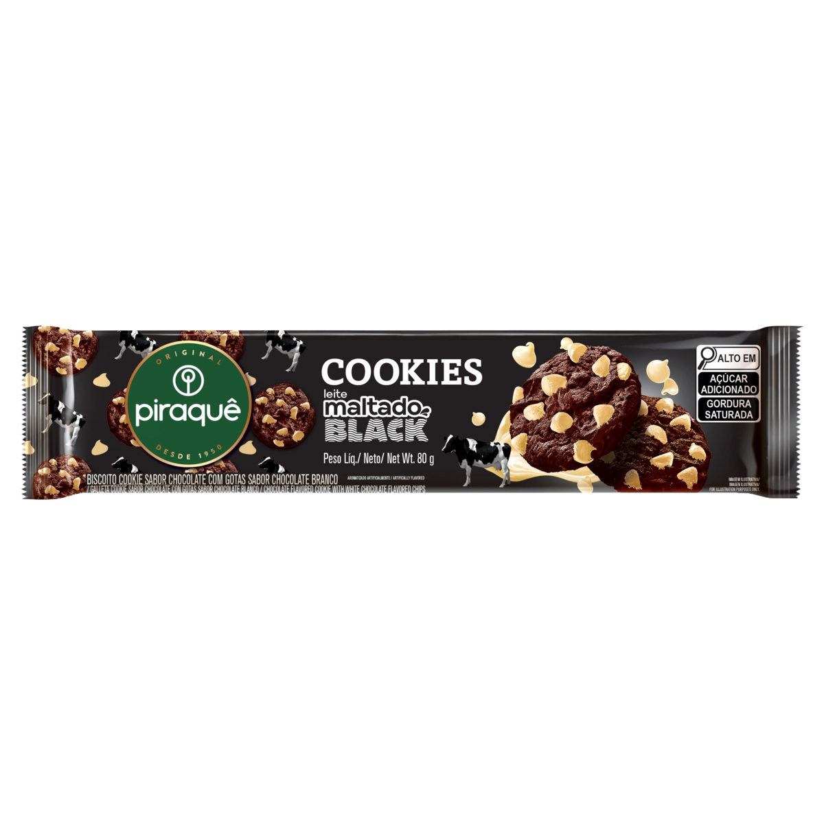 Biscoito Cookie Leite Maltado Black Com Gotas De Chocolate Branco Piraquê Pacote 80g