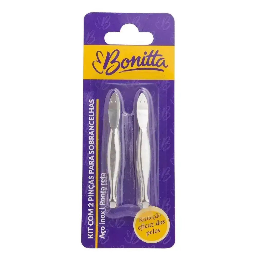 Kit Duas Pinças P/ Sobrancelhas Aço Inox Ponta Reta Bonitta