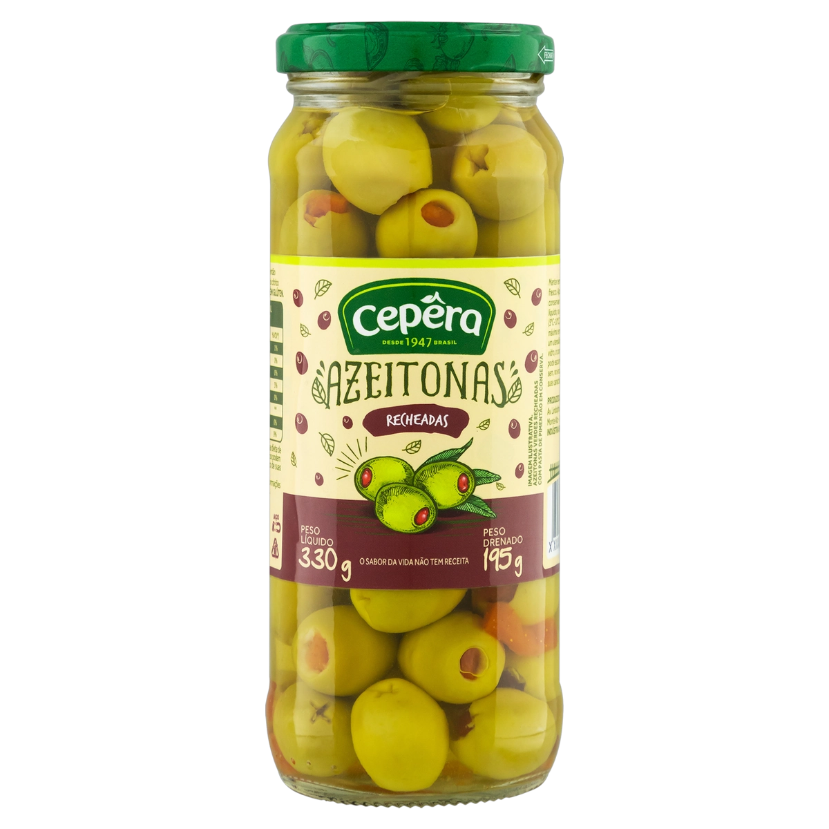Azeitona Verde Em Conserva Recheio Pasta De Pimentão Cepêra Vidro 195g