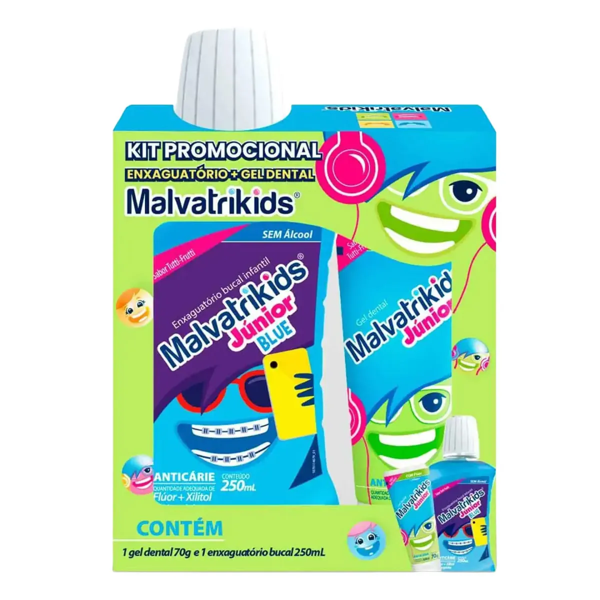 Kit Gel Dental Com Flúor 70g Enxaguante Bucal Sem álcool Tutti Frutti 250ml Blue Malvatrikids Júnior