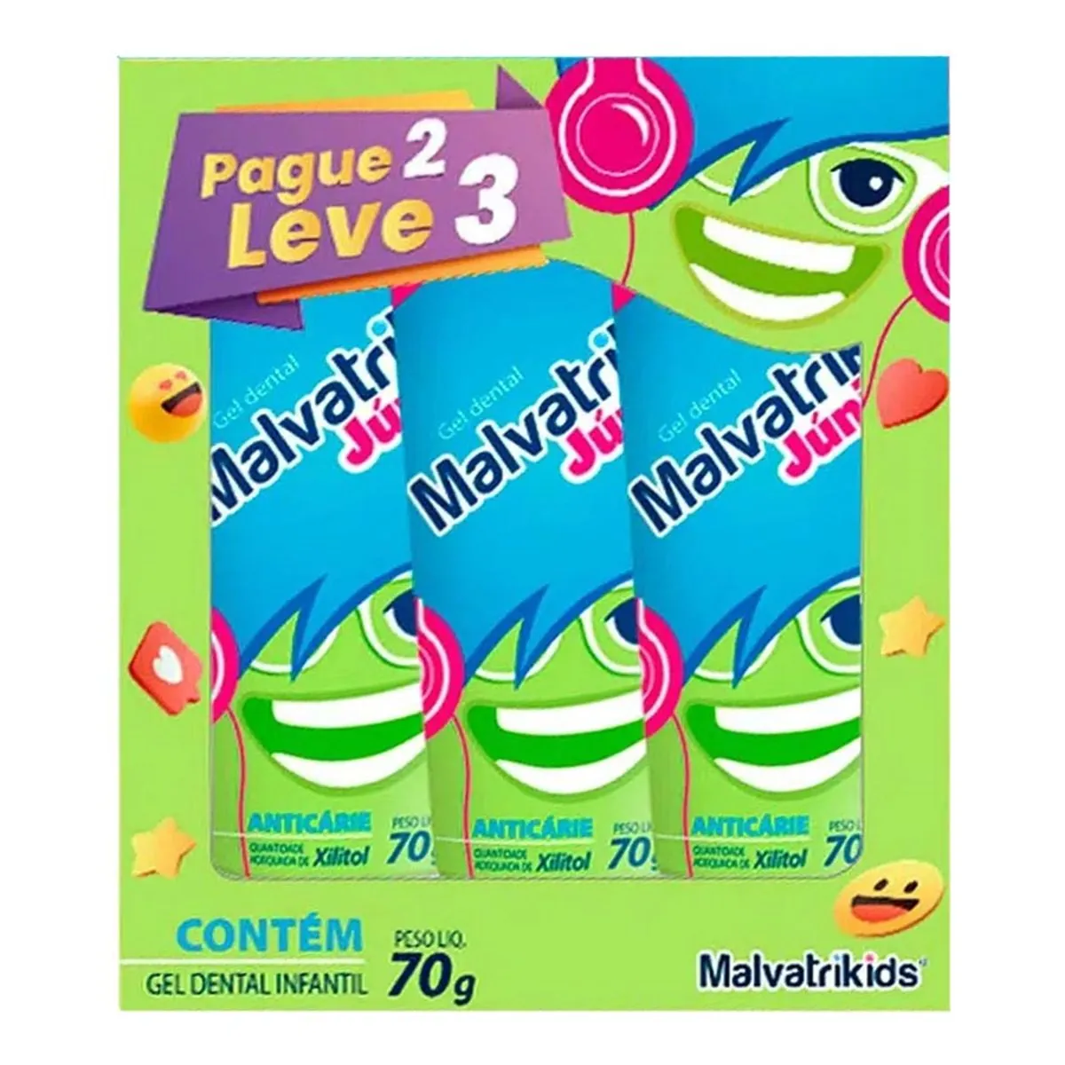 Pack Gel Dental Com Flúor Tutti Frutti Malvatrikids Júnior Bisnaga 70g Cada Leve 3 Pague 2 Unidades