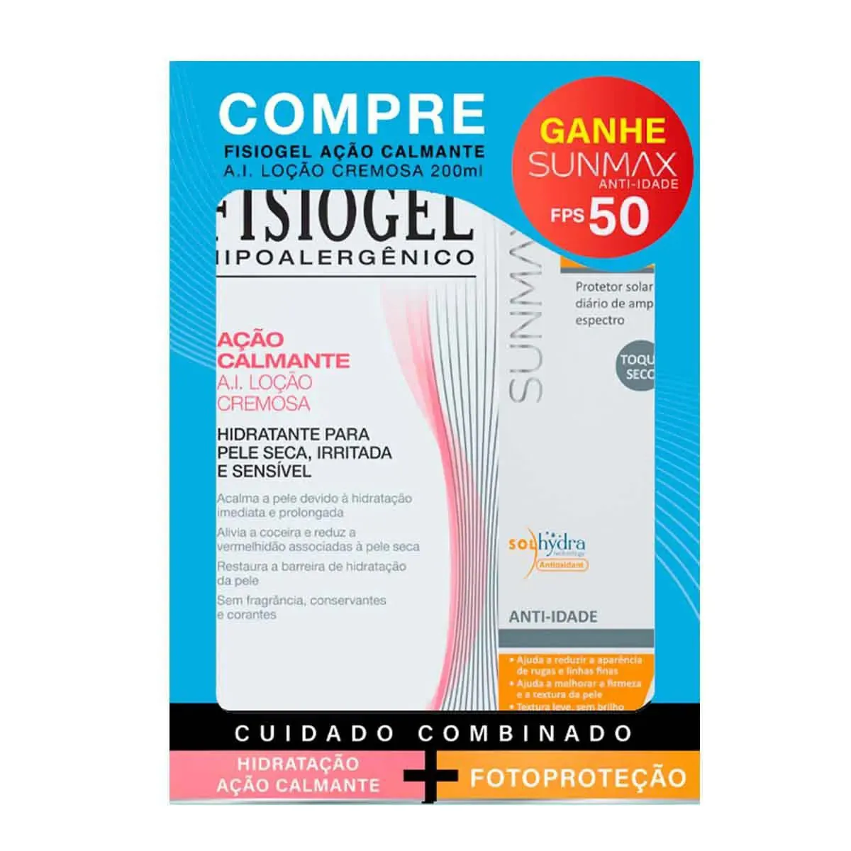 Kit Loção Cremosa Fisiogel A.I Ação Calmante 200ml + Protetor Solar Sunmax Pele Seca FPS50 60ml