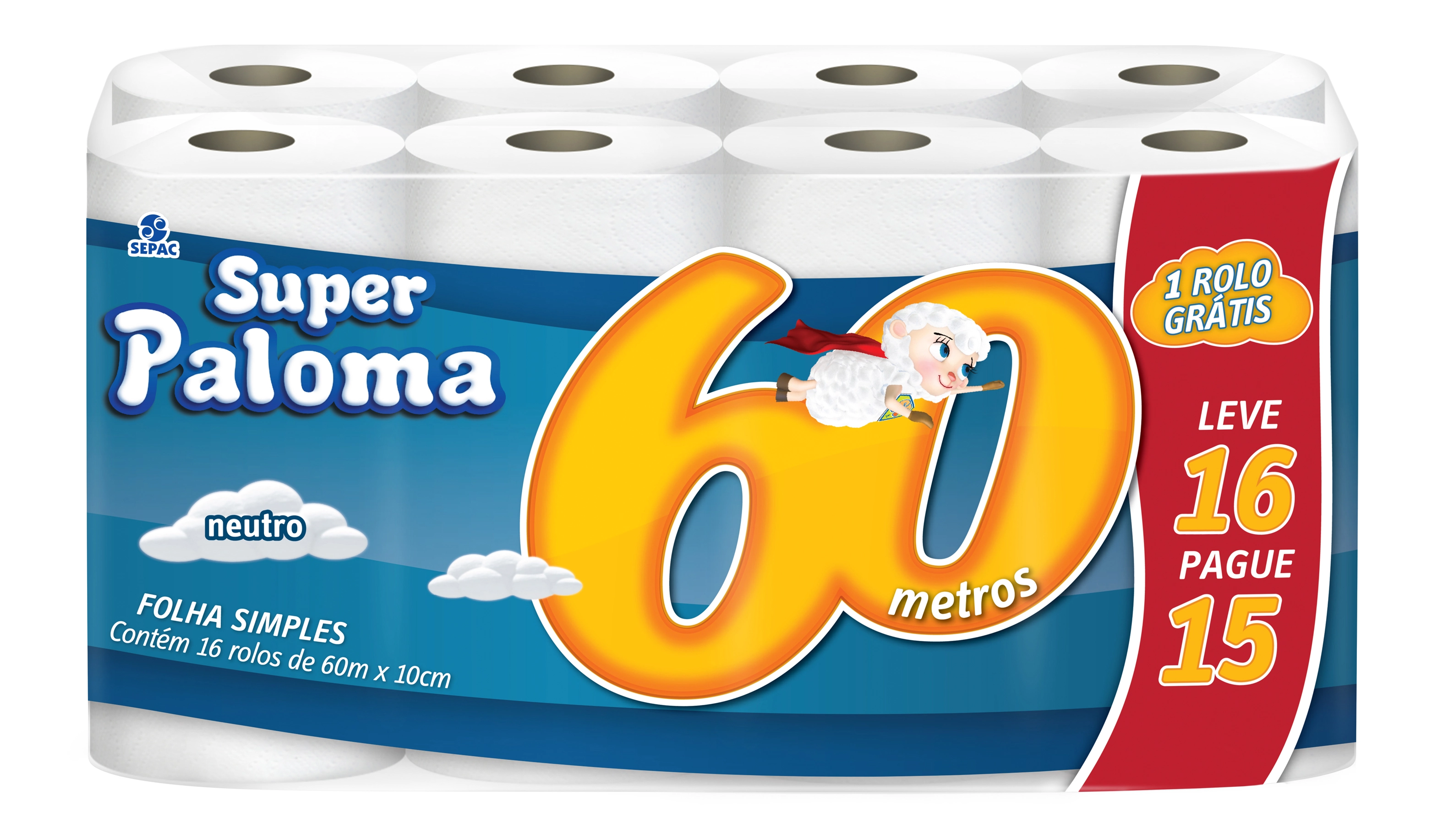 Papel Higiênico Folha Simples Neutro Paloma 60m Pacote Leve 16 Pague 15 Unidades
