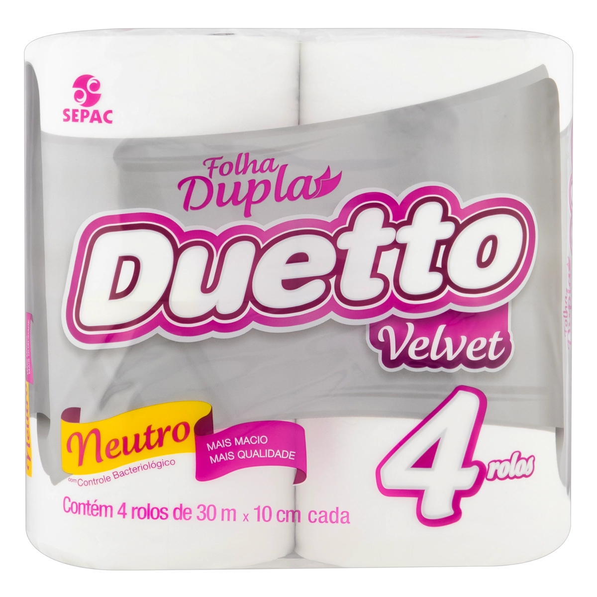 Papel Higiênico Folha Dupla Neutro Duetto Velvet 30m Pacote 4 Unidades